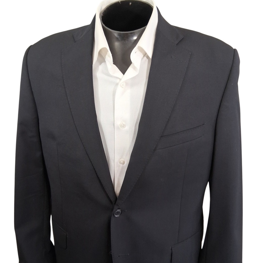 Saks Fifth Ave Sport Coat 42R Slim Solid Black Wool Blazer Modern Double Vent